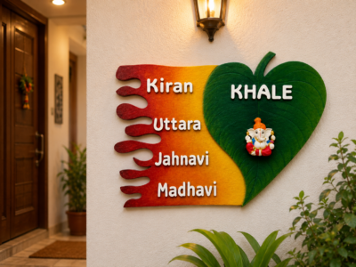 Personalized Family Name Plate with Ganesha Custom Wooden Home Entrance Name Plate